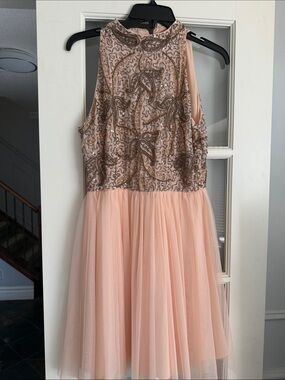 Girls Peach Sequin Tulle Party Dress